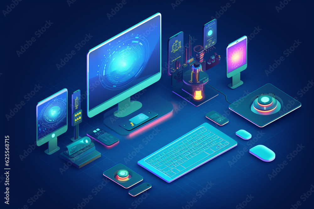 Isometric laptop, smartphone, tablet and other gadgets on a blue background.