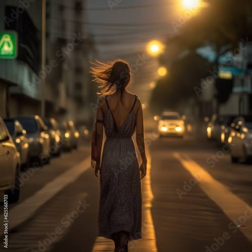 Mulher de costas caminhando a noite nas ruas da cidade