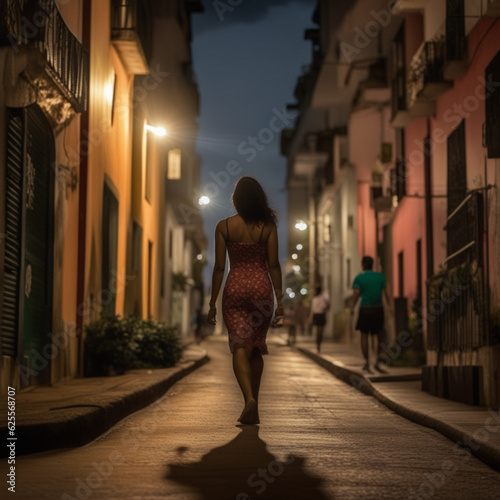 Mulher de costas caminhando a noite em seu bairro photo