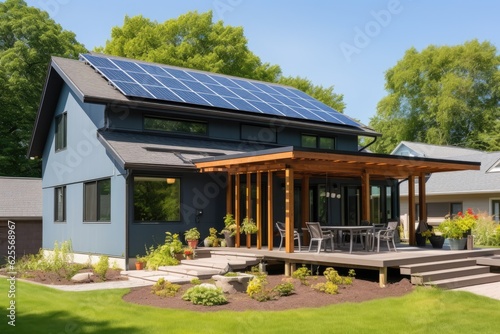 A recently built home that features a solar panel system installed on its roof. It is a contemporary and environmentally friendly passive house design. © 2rogan