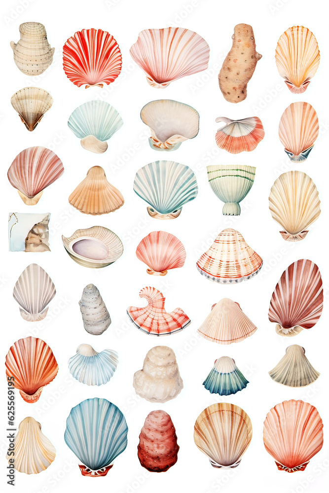 watercolor illustrations of various marine shells made with AI watercolor illustrations of various marine shells made with AI