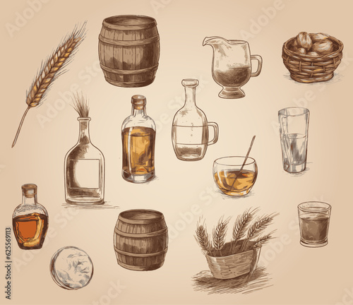 Bourbon Icon Set Including Bottles, Bottle, Barrels, Barrel, High Ball Glass, Barley, Wheat, Drink, Basket, and Ice