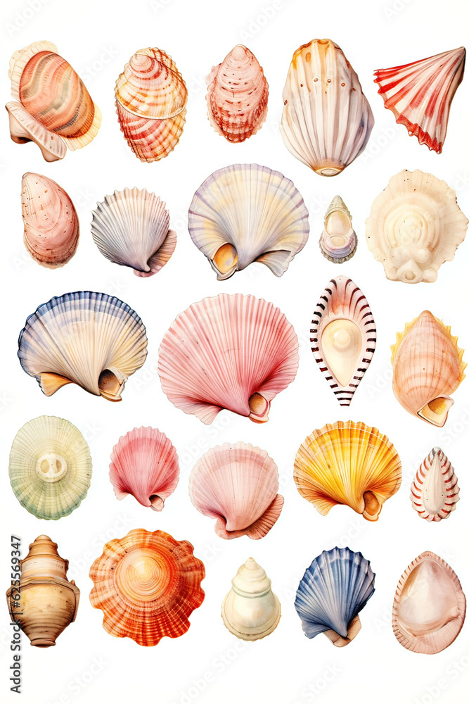 watercolor illustrations of various marine shells made with AI watercolor illustrations of various marine shells made with AI