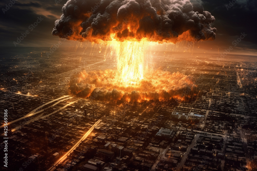 Explosion of atomic bomb over city at sunset. 3D rendering Explosion of atomic bomb over city at sunset. 3D rendering