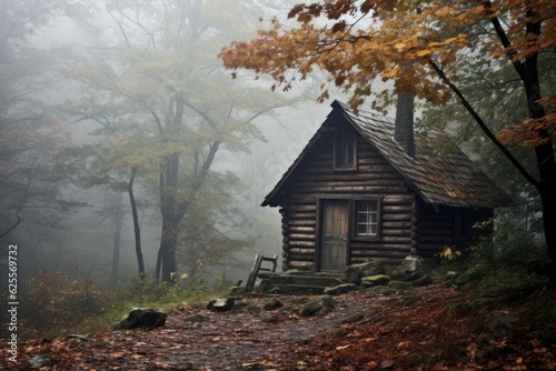 A solitary cabin nestled in a misty woodland, on a chilly fall afternoon. photo
