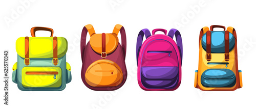 A set of school backpacks.Back to school.Children's bag, travel backpack. Vector illustration isolated on a white background.