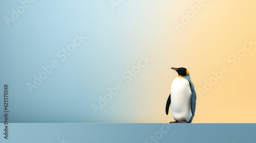 Penguin standing in front of a blue background with text space can use for advertising, ads, branding