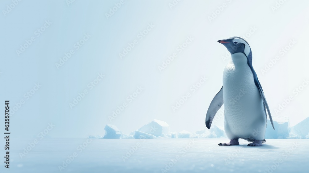 Obraz premium Penguin standing in front of a blue background with text space can use for advertising, ads, branding