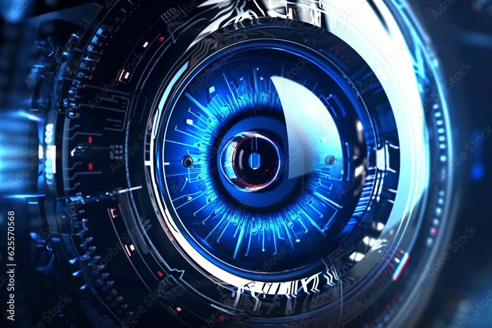 Close up view of eye with digital interface. 3d rendering toned image Close up view of eye with digital interface. 3d rendering toned image