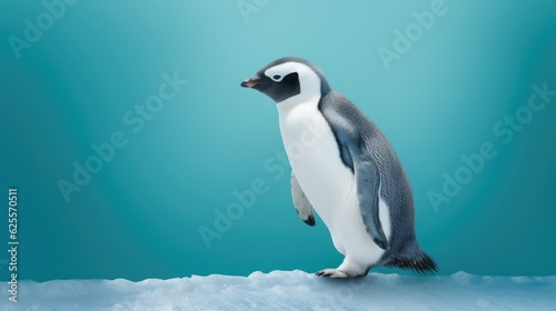 Penguin standing in front of a blue background with text space can use for advertising  ads  branding