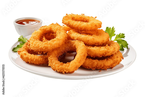 Delectable Plate of Onion Rings Isolated on Transparent Background. Generative AI