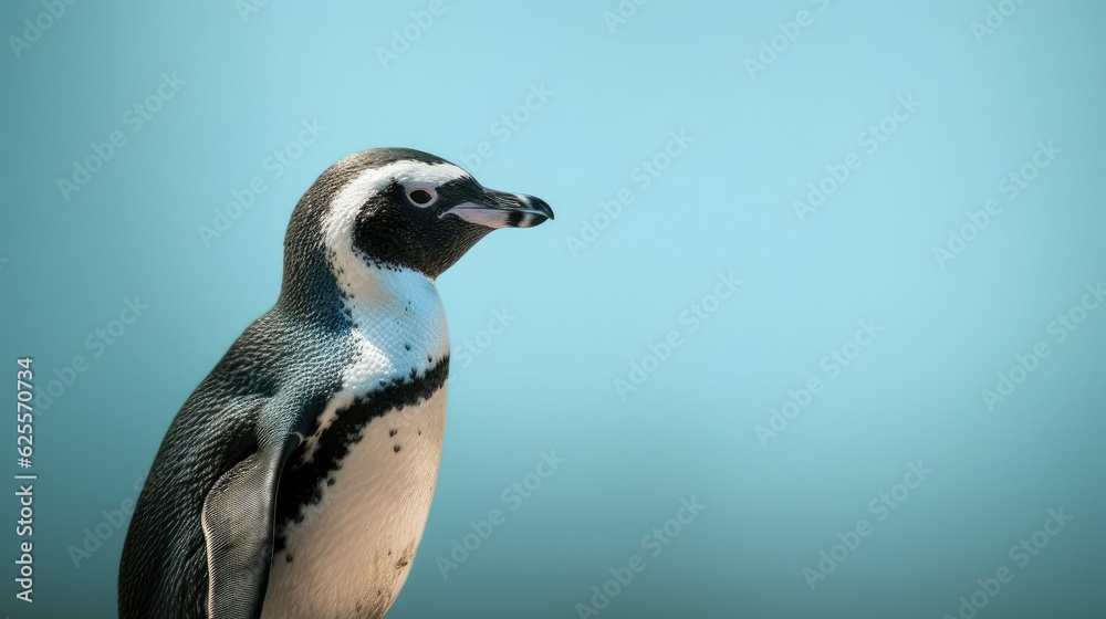 Fototapeta premium Penguin standing in front of a blue background with text space can use for advertising, ads, branding