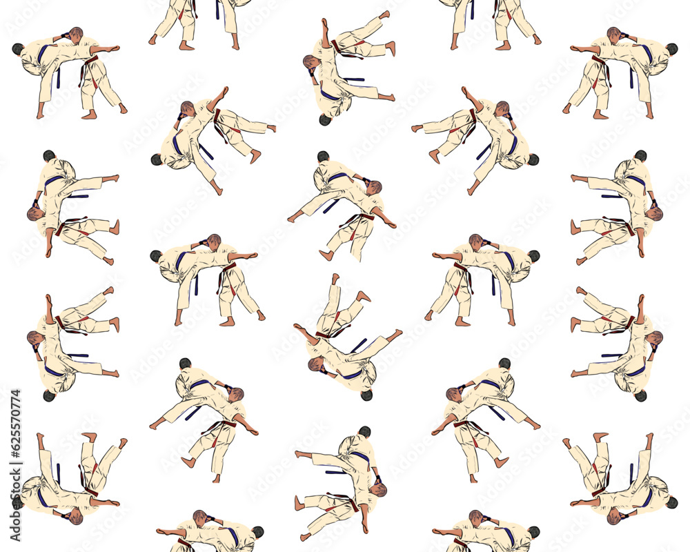 A set of patterns on the theme of karate for white fabric. Seamless. Endless.