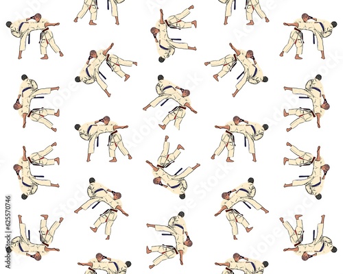 A set of patterns on the theme of karate for white fabric. Seamless. Endless.