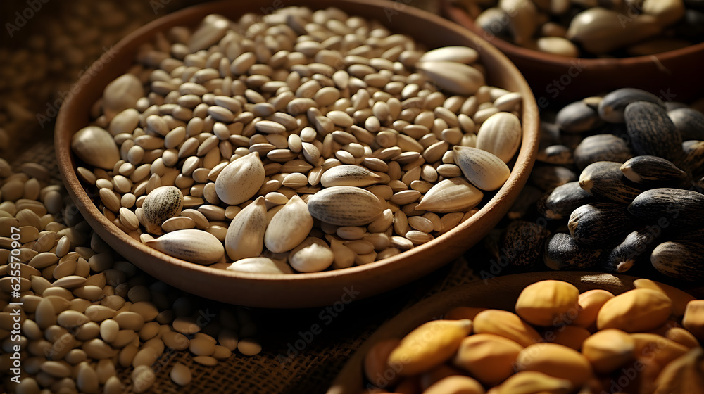 Naklejka premium Raw organic spices and seeds in a wooden scoop closeup