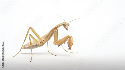 Praying mantis on white background with text space can use for advertising, ads, branding