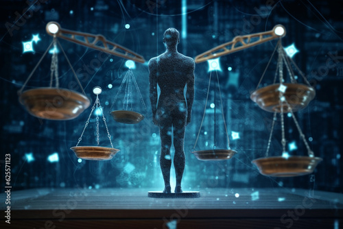 Law and justice concept with scales of justice and man figure 3D rendering