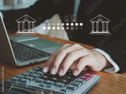 Exchange of documents between banks online Businessman pressing calculator calculating investment exchange business financial documents