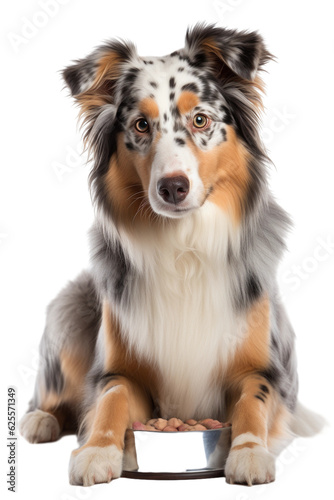 border collie dog with bowl isolated on white