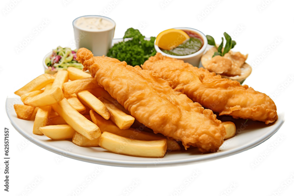 Plate of Fish and Chips Isolated on Transparent Background. Generative AI
