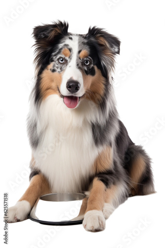 border collie dog with bowl isolated on white