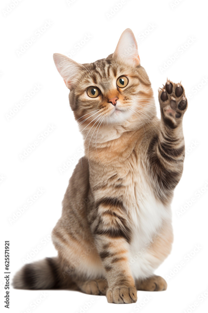 cat giving high five, isolated on white - obrazy, fototapety, plakaty 