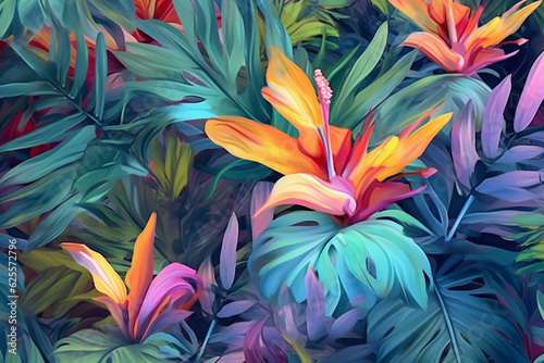 Abstract background of tropical leaves and flowers. 3d rendering, 3d illustration.