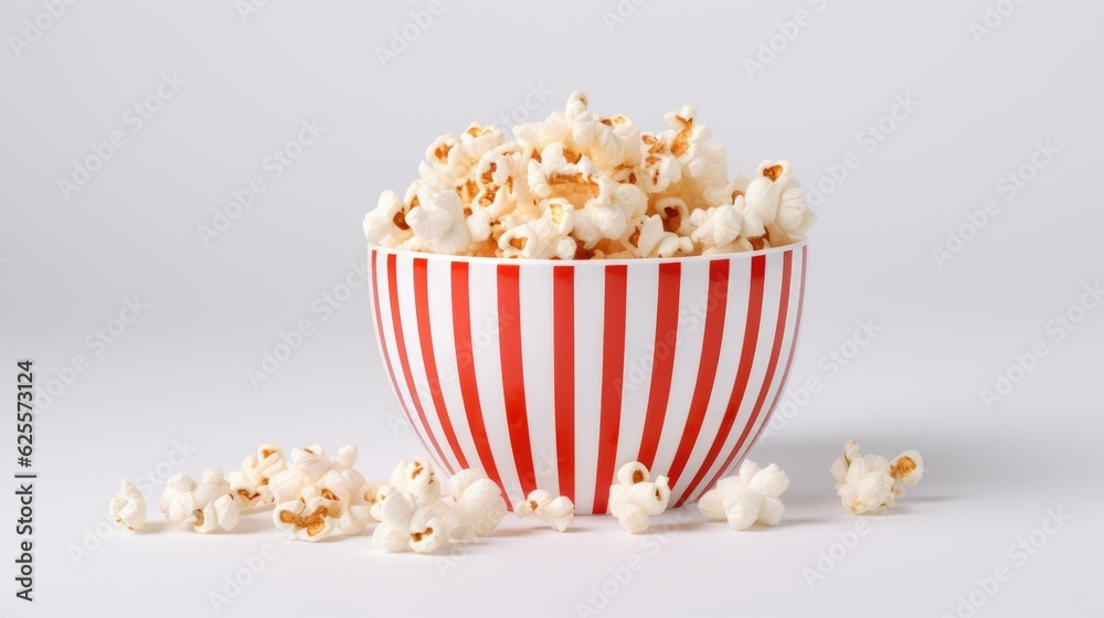 Popcorn in a traditional cardboard box or bucket, with pieces flying, floating in the air, on white background with text space can use for advertising, ads, branding
