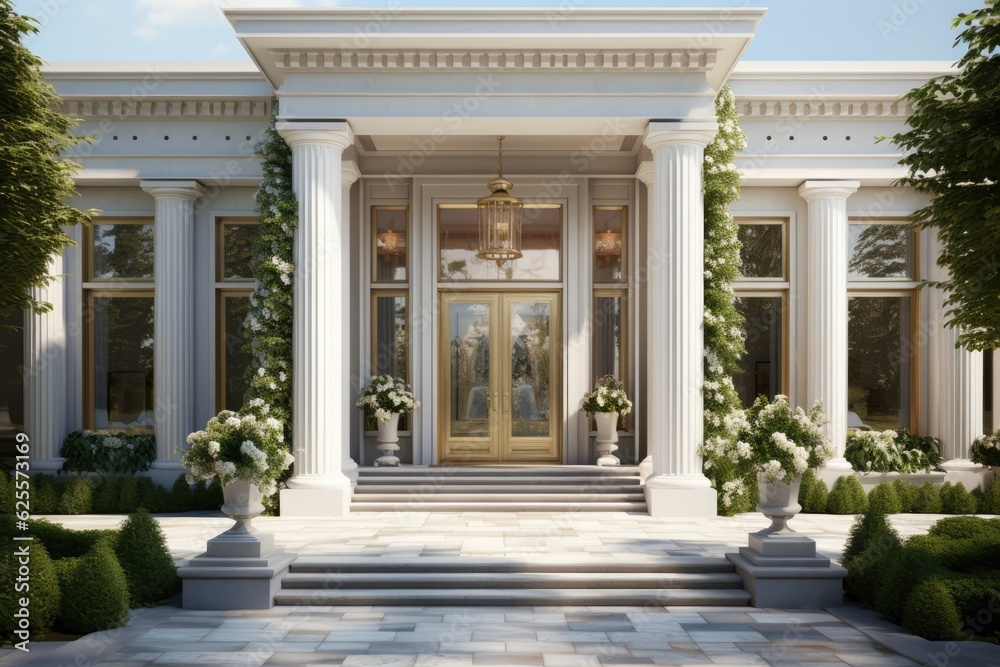 Obraz premium Exquisite house exterior under a sunny sky, adorned with a front door that has lovely glass panels and is accompanied by stately columns standing on either side of the entrance.