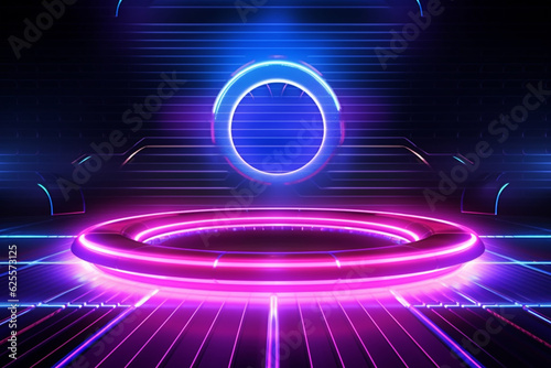 Abstract neon background with round podium. Futuristic style. illustration.