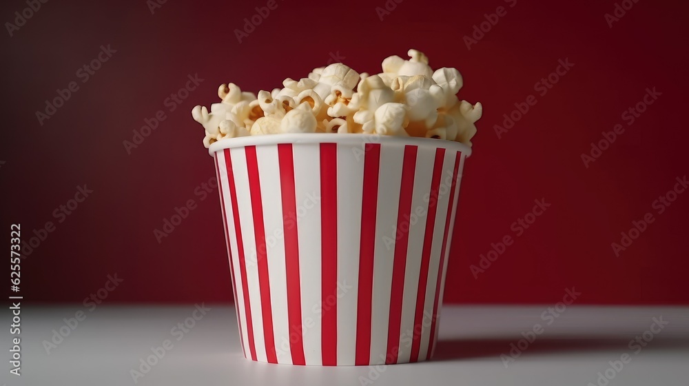 Popcorn in a traditional cardboard box or bucket, with pieces flying, floating in the air, on black background with text space can use for advertising, ads, branding