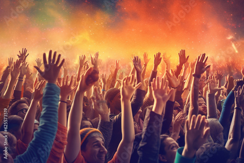 Crowd cheering with hands raised in the air at a music festival