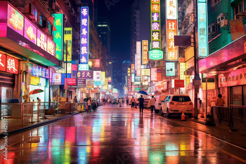 Futuristic Unidentified people walking on the street in Hong Kong at night. © Creative