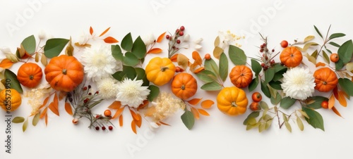 Autumn fall thanksgiving holiday greeting card - Gerland made of fallen autumnal leaves, floral flowers and pumpkins, modern, minimalism, isolated on white table background, top view (Generative Ai)