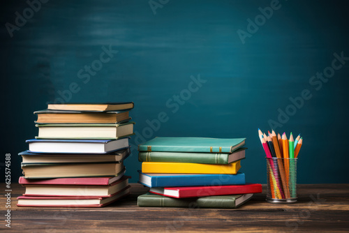 Back to school. Books, colored pencils and supplies on a desk, class chalkboard background
