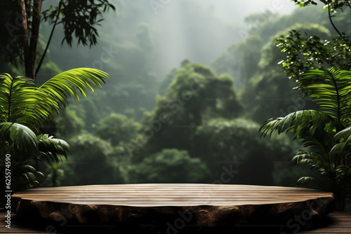 Wooden base podium with blurred rainforest monsoon background
