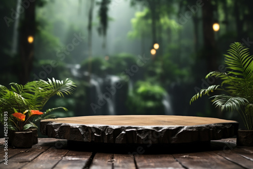 Wooden base podium with blurred rainforest monsoon background
