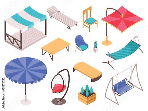 Isometric garden furniture isometric set with tent, wooden table and chair. Bed, bench, swing and hammocks with umbrella top. Vector terrace outdoor lounge or patio isolated icons on white background