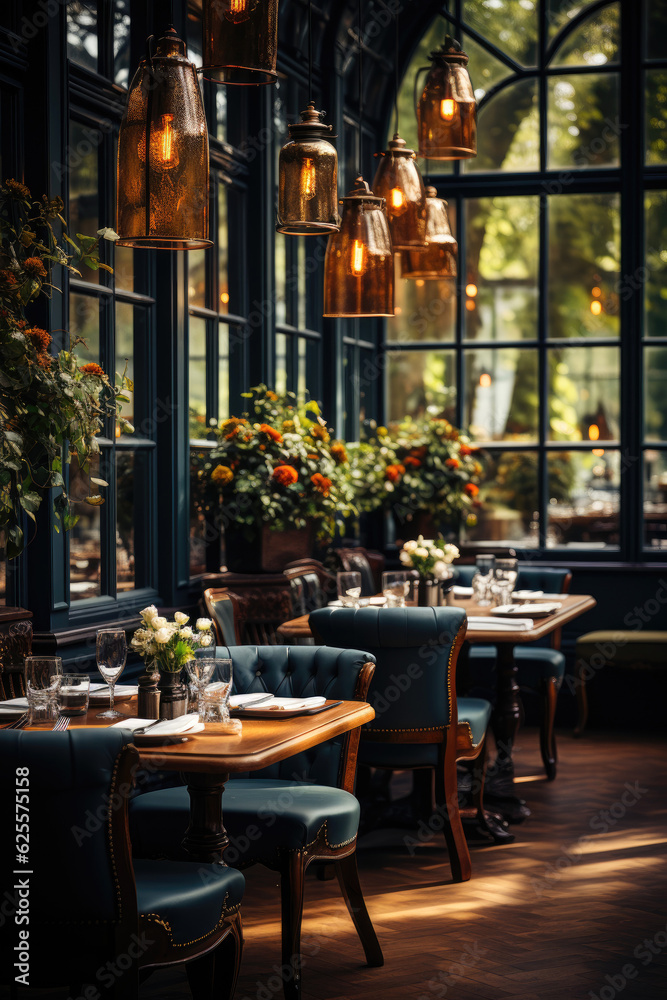 Elegant cafe, dark background, earthy colours. Generative AI