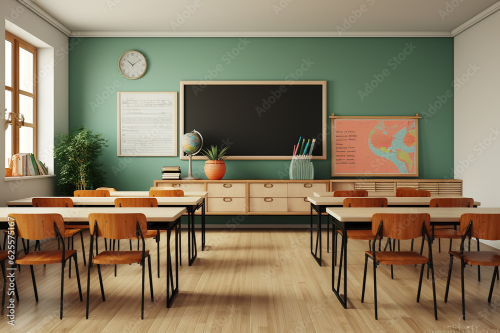 Photo classroom interior with school desks chairs and green board empty school classroom
Photo classroom interior with school desks chairs and green board empty school classroom