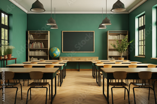 Photo classroom interior with school desks chairs and green board empty school classroom
