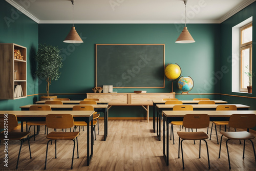 Photo classroom interior with school desks chairs and green board empty school classroom
