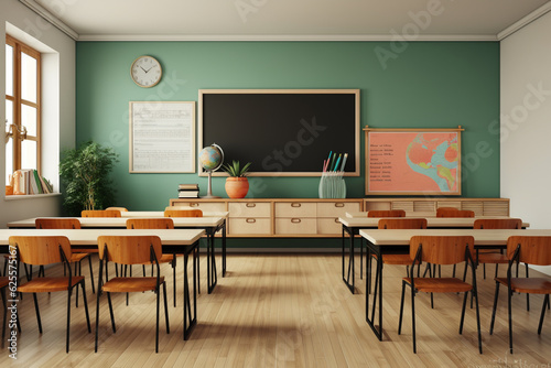 Photo classroom interior with school desks chairs and green board empty school classroom
