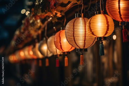 A row of Chinese lanterns at night hanging close up 