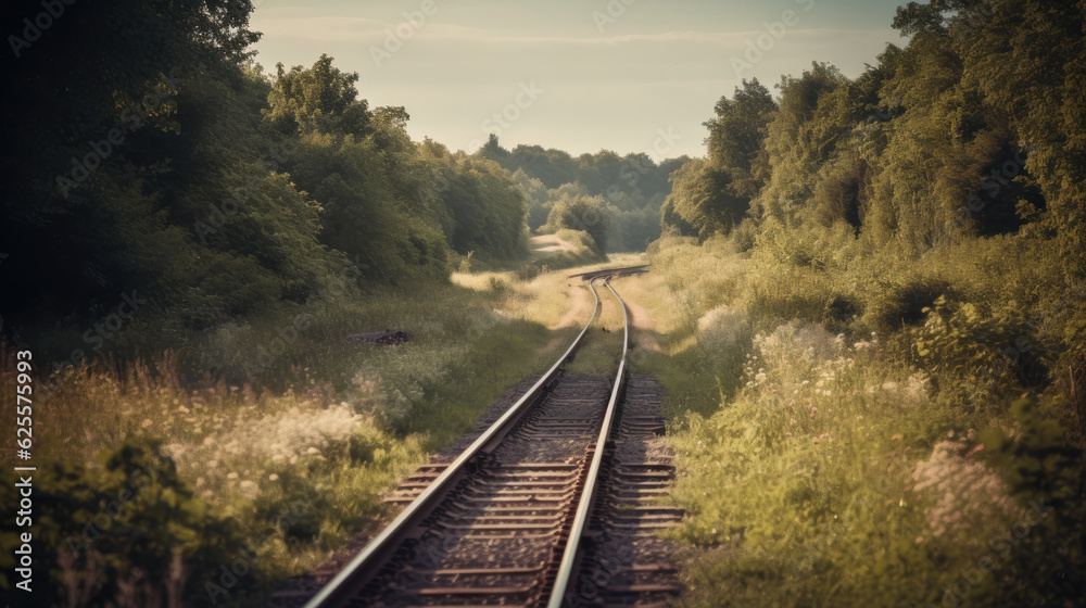 Obraz premium Curved railroad track in countryside landscape