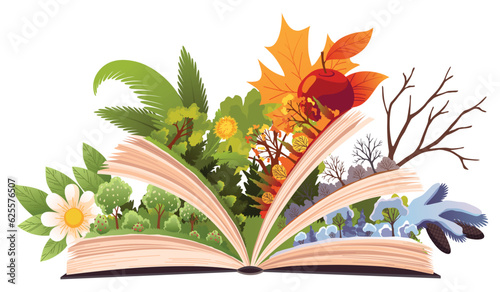 Book four seasons. Fairy tale story about four seasons, summer, winter, spring, autumn. Open book with different season on pages. Reading fantasy storybook about nature. Vector illustration