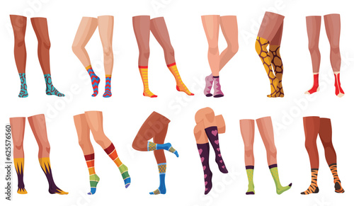Woman fashion stocking, cartoon icon set. Legs in fashionable socks. Elegant female legs. Clothing pieces, garment with bright colored print , footwear