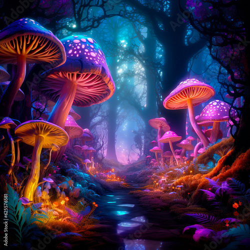 Magic psychedelic mushrooms in a fantasy forest with a neon glow
