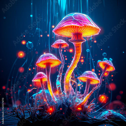 Magic psychedelic mushrooms in a fantasy forest with a neon glow