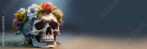 Day of the Dead Skull with Flower Garland - Festive Design Theme - Generative AI